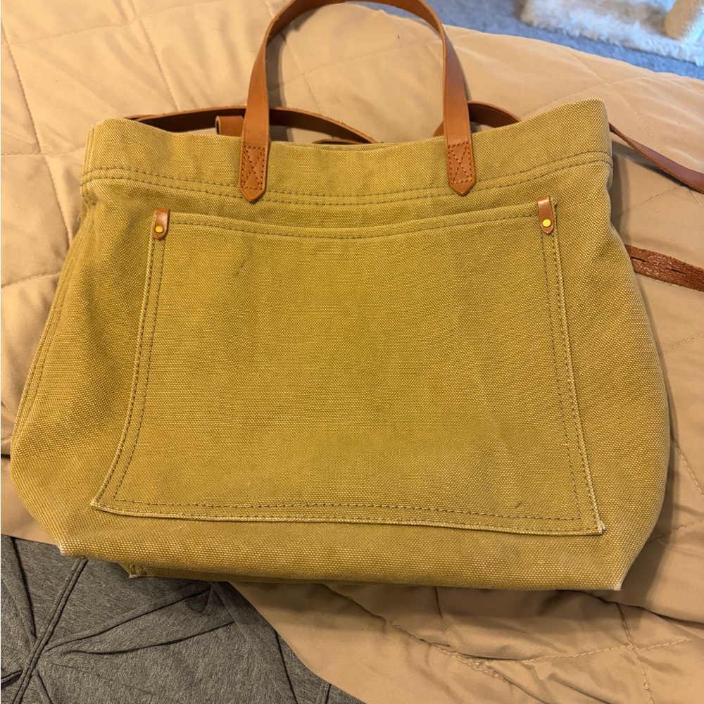 Madewell Olive Canvas Tote with Tan Leather Straps